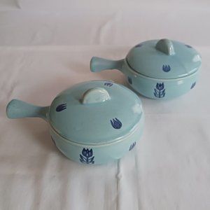 Set of 2 Blue Tulip Cronin Pottery Individual Covered Casserole Onion Soup Bowls
